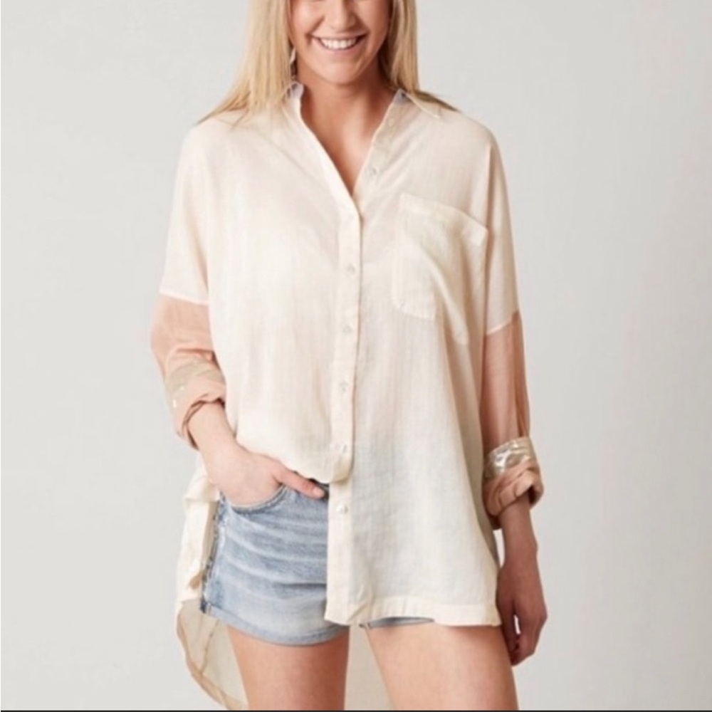 Free people semi sheer long sleeve shirt size Small petite oversized fit